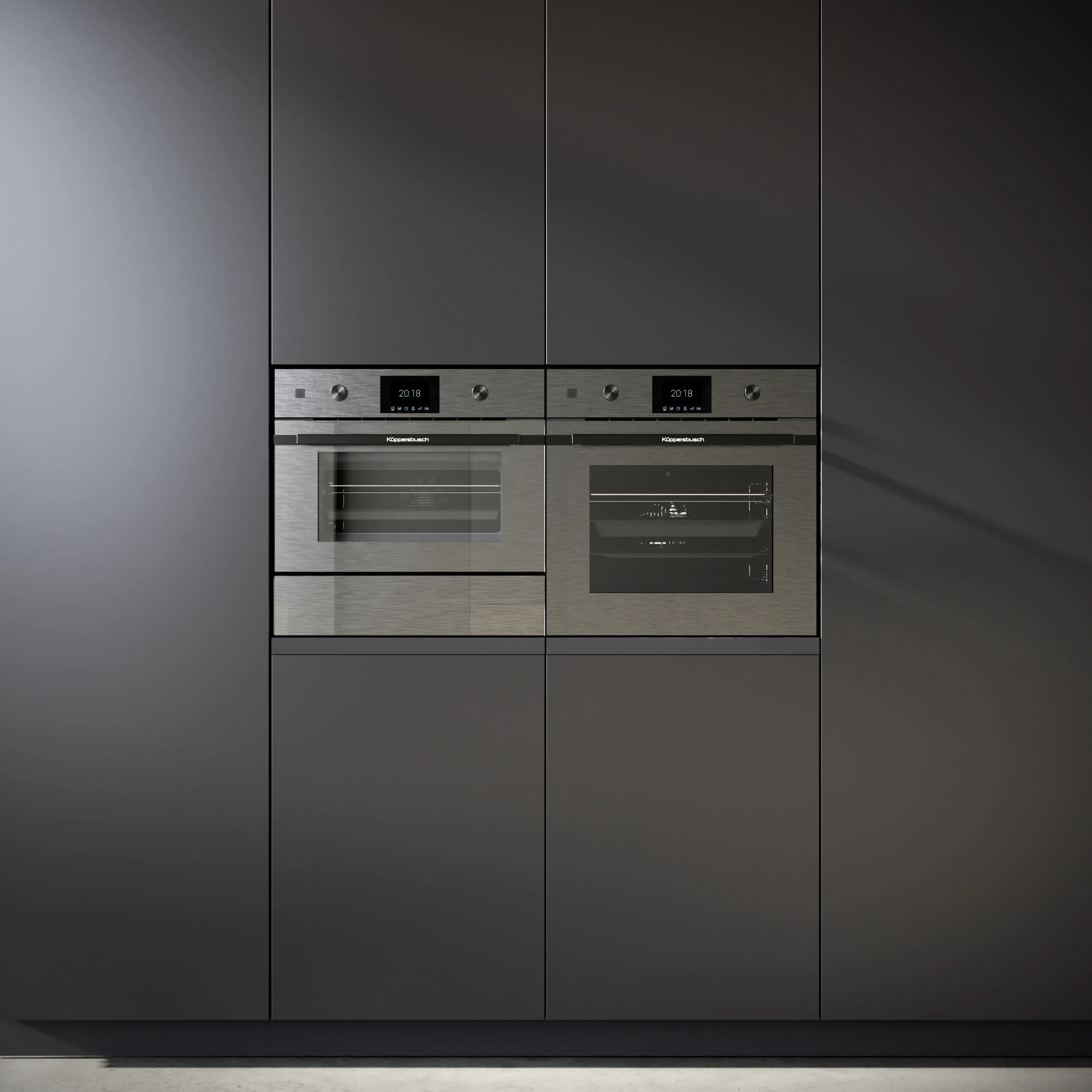 Küppersbusch Graphite-Line Einbaugeräte in mattgrauem Küchenhochschrank
